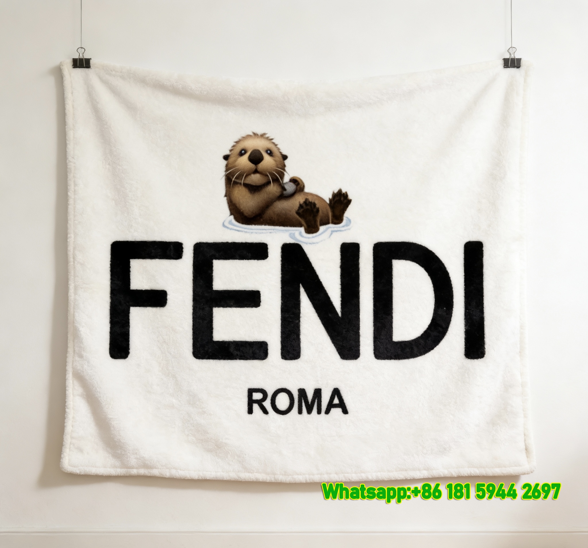 White & Black Fendi Roma Flannel Throw Blanket with Cute Brown Otter Graphic IMG_9285